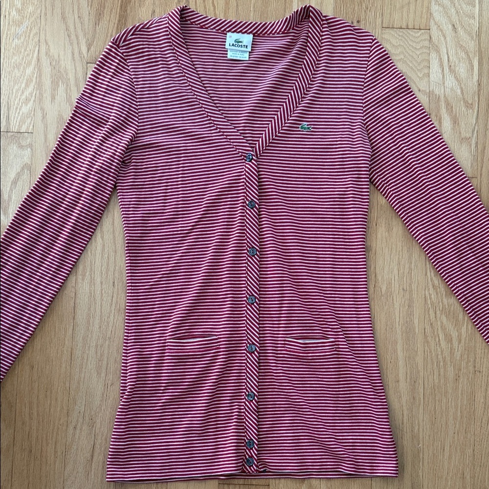 Lacoste Red and White women Striped V-Neck Cardigan size 38 Never worn top